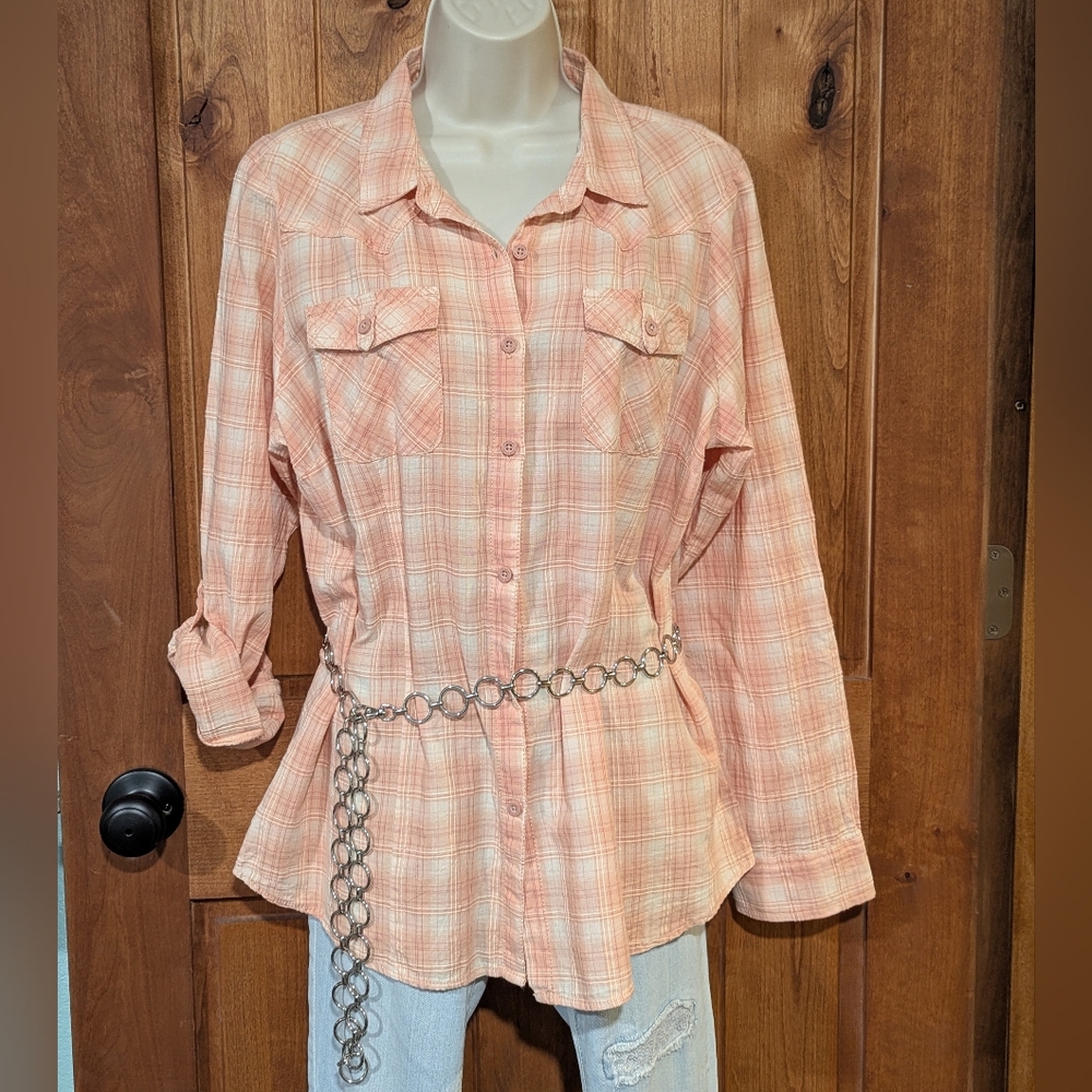 Ruff Hewn Peach Plaid Button‎ Down Shirt